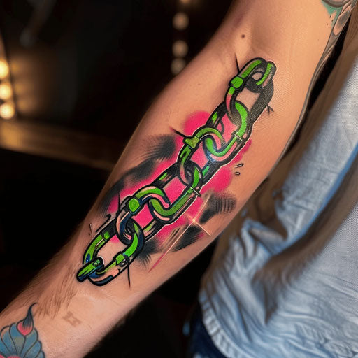 Neon glowing chain tattoo on white background