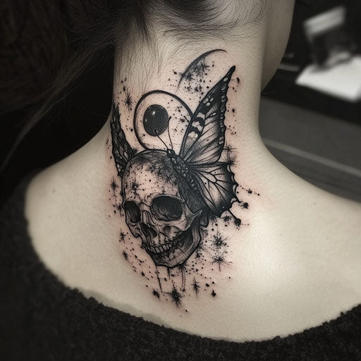 Skull butterfly tattoo with celestial theme