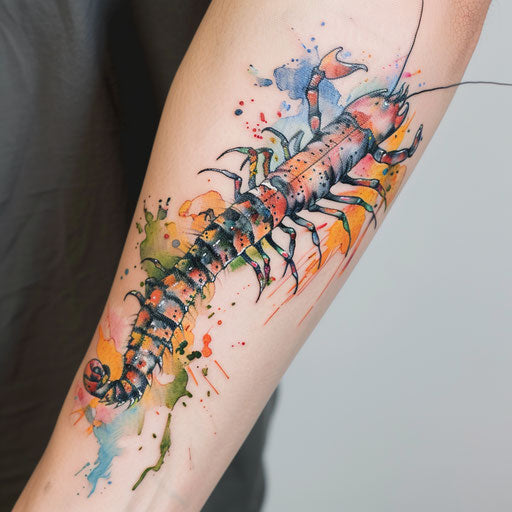 Artistic centipede tattoo with watercolor effects on white background