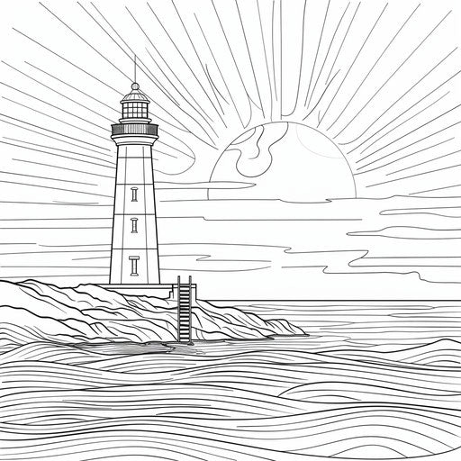 Sunset behind lighthouse by the sea. Coloring book page