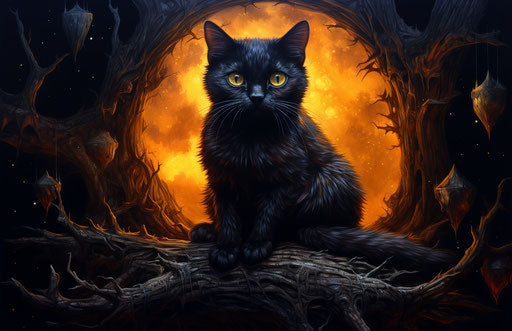 Black and orange cat sitting on stump, in the style of mystic symbolism, supernatural creatures