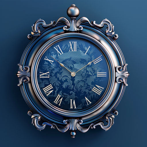 Realistic timer on flat indigo background with blur
