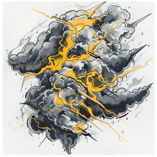 Dynamic flat tattoo sketch inspired by Thor, storm cloud and stylized yellow and grey lightning bolts