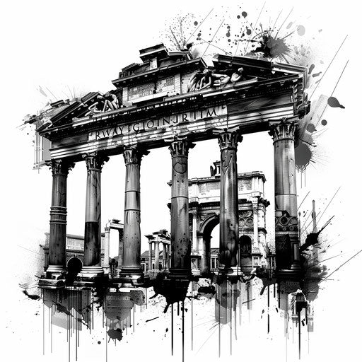 Neo-classical tattoo design of a Roman forum in black and grey
