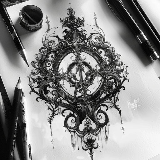 Gothic tattoo sketch of a David symbol with dark themes and elaborate details