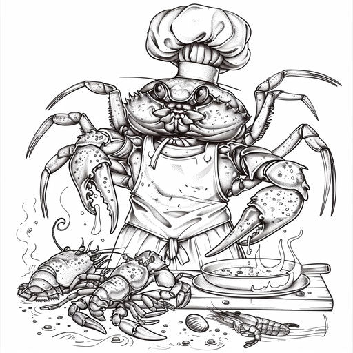 A whimsical crab dressed as a chef cooking seafood.
