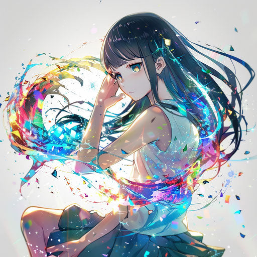 Anime girl with magical powers, surrounded by sparkling effects, artistic tattoos