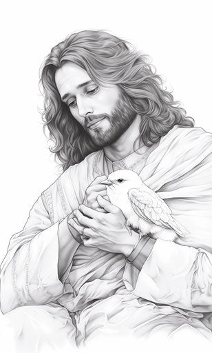 Jesus with a dove and the words, vixcxxx, in the style of line drawings