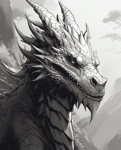 Detailed black and white drawing of a dragon