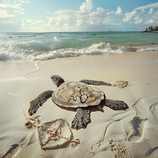 Turtle with a shell shaped like a pirate's treasure map on a sandy beach