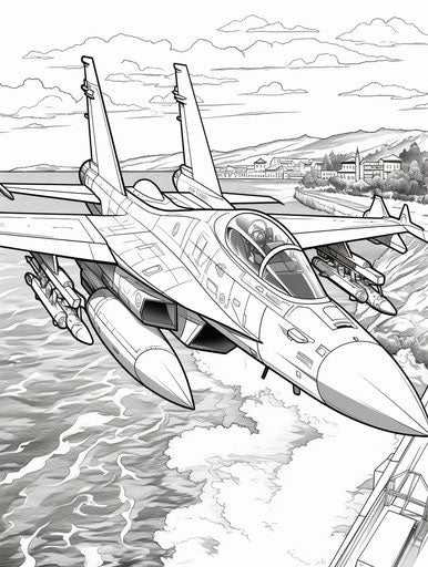 Fighter jet over water in blown-off-roof perspective