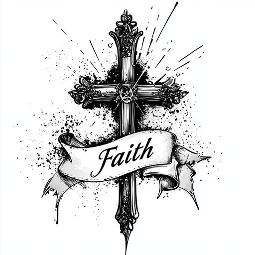 Religious tattoo for men with cross and banner 'Faith'