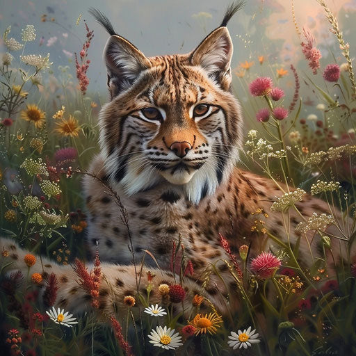 Lynx playing in a field of flowers