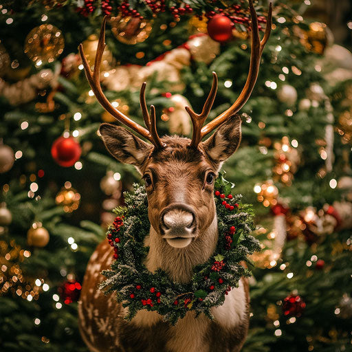 Festive reindeer near a decorated Christmas tree