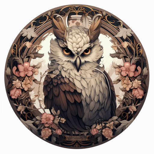 Owl in feather circle, rococo and horror inspiration