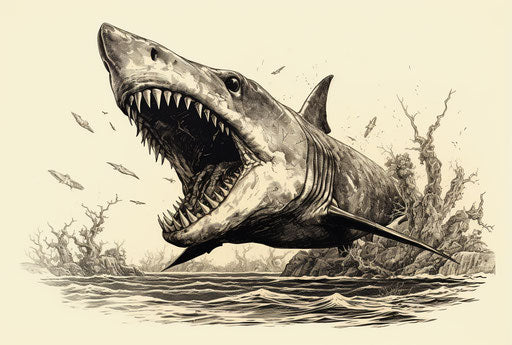 Shark with open mouth, ink drawing in hand-drawn style