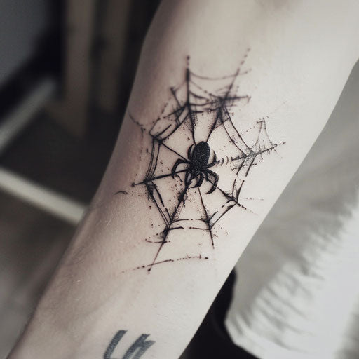 Spider web surrounding a mysterious, ancient rune