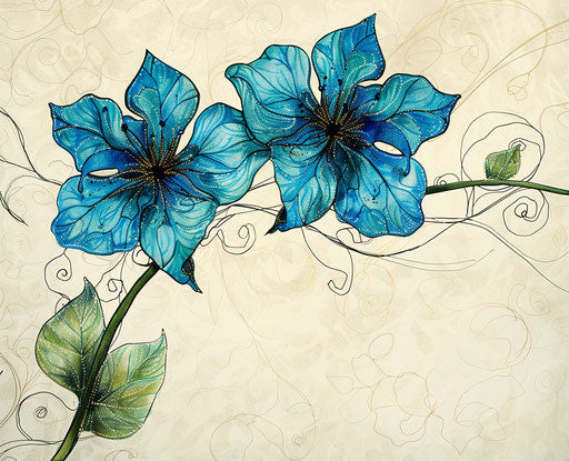 Two blue flowers in Art Nouveau style on white and green