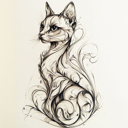 Drawing of an elegant cat tattoo design