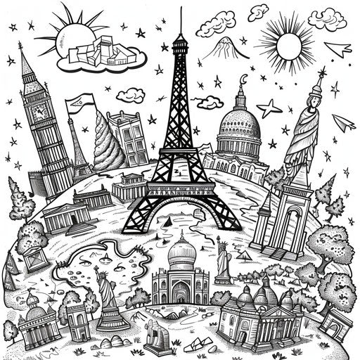 Earth with world landmarks. Coloring book page