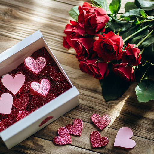 Red roses bouquet and glittery paper hearts