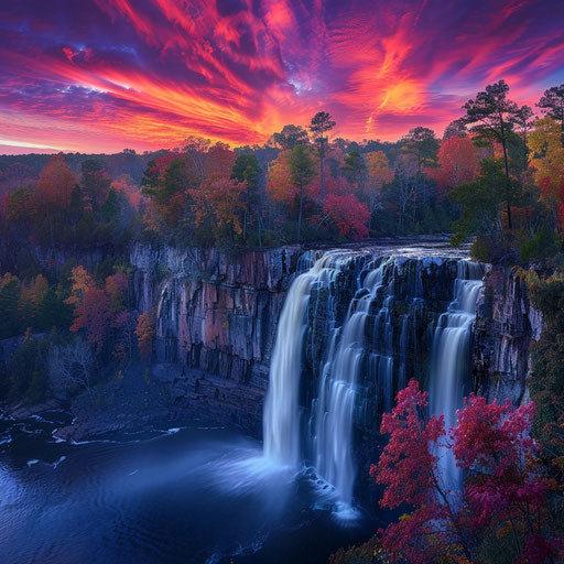 Noccalula Falls, Alabama, at sunrise with vibrant colors, in the style of William Patino