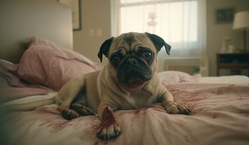 Small pug dog on stained bed, emotive style, maroon and light beige colors