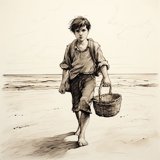 Boy at the beach walking with a basket, meticulous inking style, simple