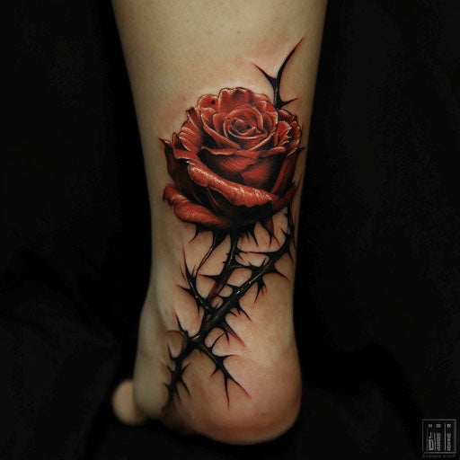 Women's ankle tattoos with dark rose and thorns
