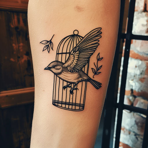 Flat tattoo sketch of a bird escaping from a cage