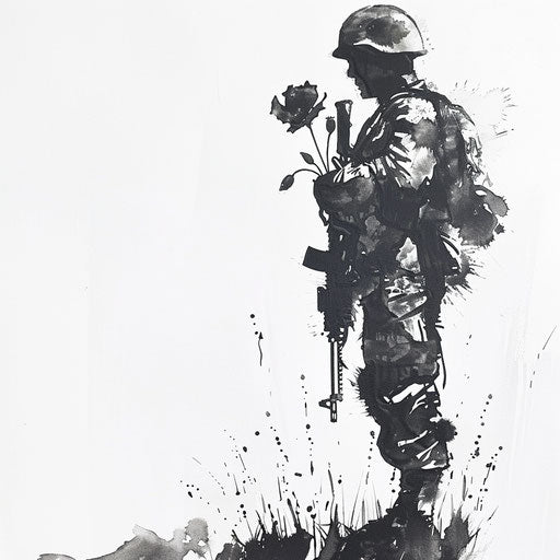 Soldier silhouette with poppy flower, black and white design