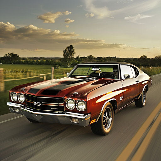 1977 Chevelle muscle car with side exhausts on country road