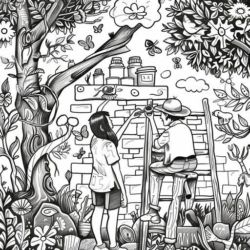 Friends painting a mural on a wall. Coloring book page