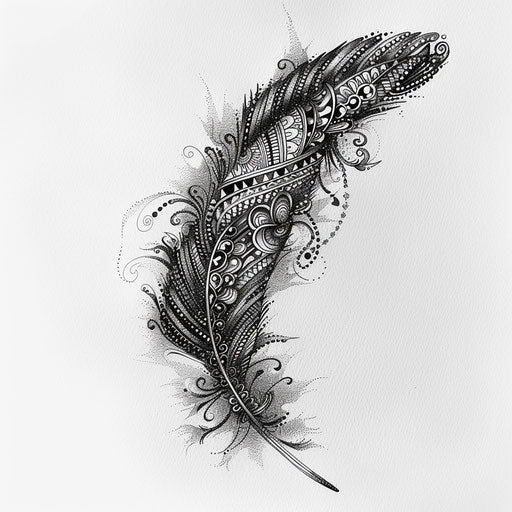 Ornate feather tattoo design with lace patterns