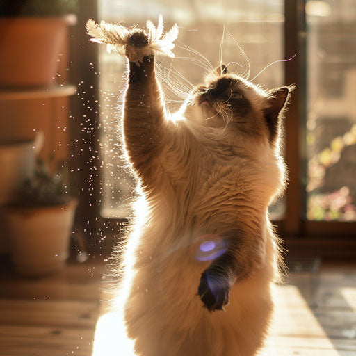 Himalayan cat playing with a feather toy in a sunlit room