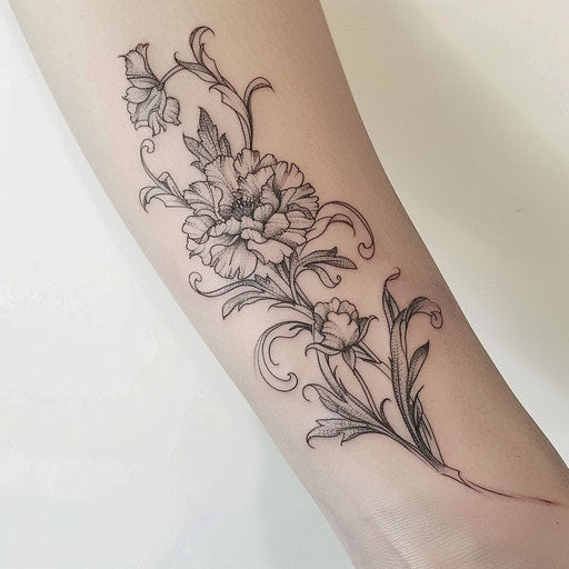 Art nouveau inspired carnation tattoo, flowing lines on white background