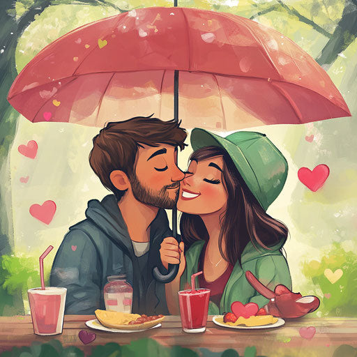 Caricature of a young couple kissing in the park on Valentine's Day