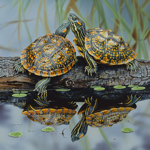 Two yellow spotted turtles sharing a log