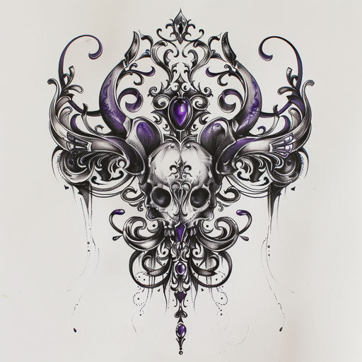Gothic inspired tattoo sketch for 666 with dark purple and silver accents