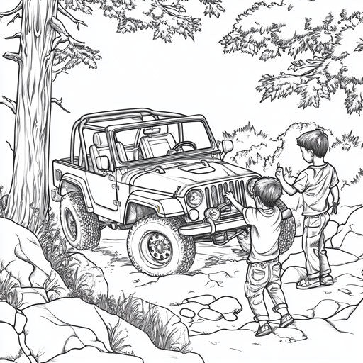 Children playing around a jeep, in the style of Mindy Sommers, Coloring book page