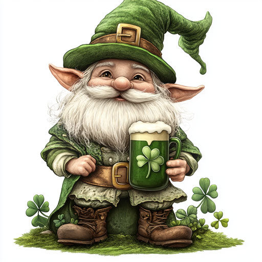 Saint Patrick's Day, a cute gnome with a big hat and a green beer mug full of Irish coffee, a clover leaf background, Sublimation Clipart illustration, highly detailed and hyper-realistic on a white transparent background, high resolution.