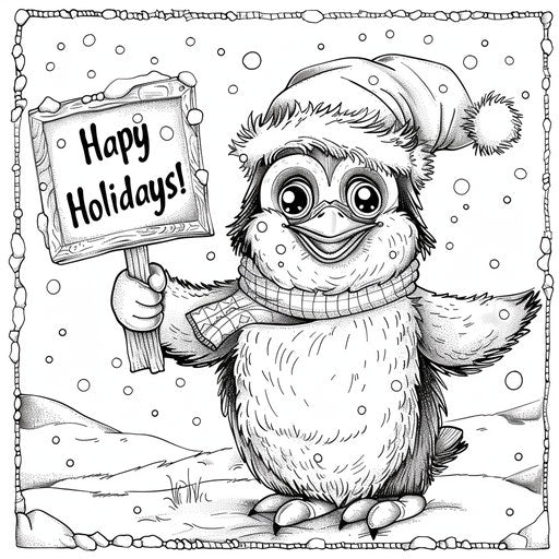 Adorable penguin with sign 'Happy Holidays!' Coloring page