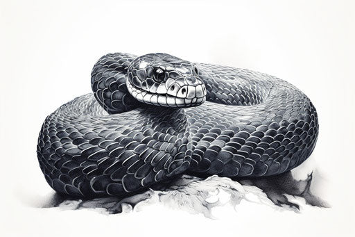 Black and white oiled snake drawing on white background, net art style, lith printing, hand coloring, stylish, poignant 3:2