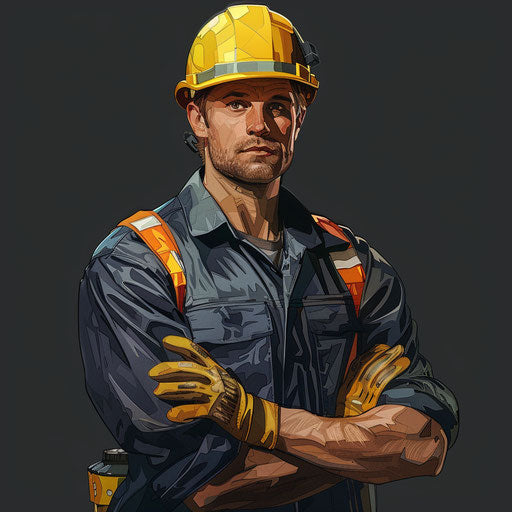 Engineer clipart rendered in a realistic style on a flat, dark charcoal background, accentuating dramatic contrast and intricate detail