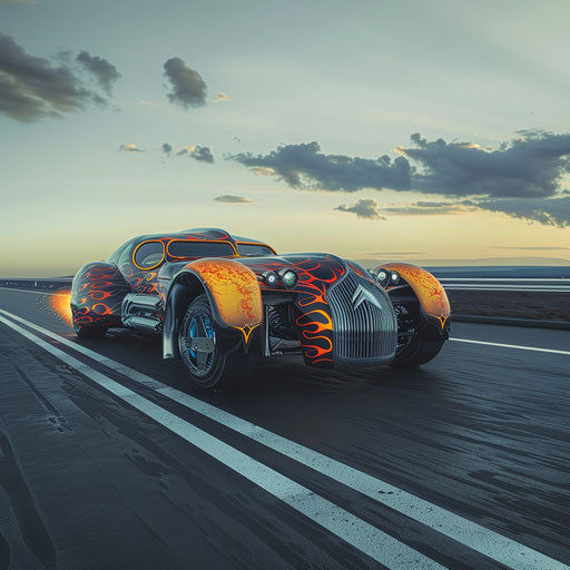 Futuristic DS 20 hotrod with flames on a deserted highway