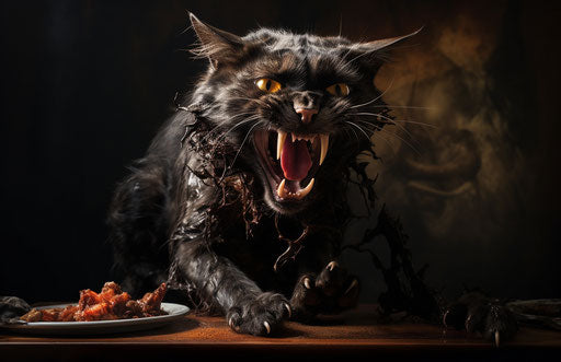 The cat shows its tongue before eating, dark & explosive style