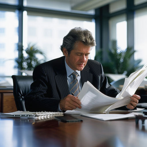 Senior executive reviewing papers at a big desk