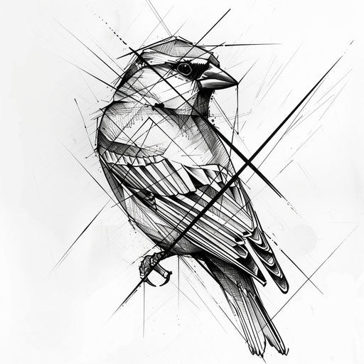 Geometric sparrow tattoo design on white background
