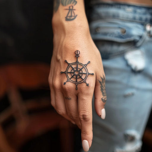 Finger tattoos for women in the style of Sailor Jerry with a ship's wheel