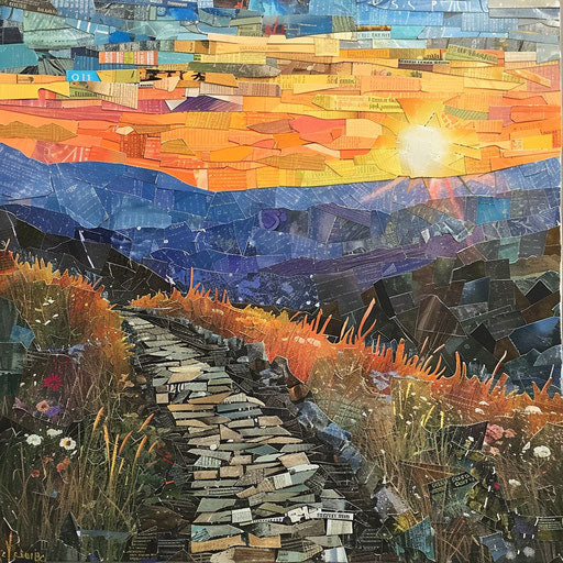 Magazine clippings collage of a trail in the Blue Ridge mountains at sunset